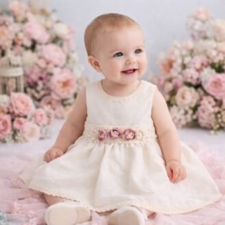 F2070.738856 Φόρεμα Εκρού Λινό Αμάνικο με μπαντάνα ή κορδέλα