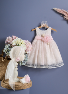 F2063.789918 Φόρεμα Ρόζ πούδρας λουλουδάκια με μπαντάνα ή κορδέλα