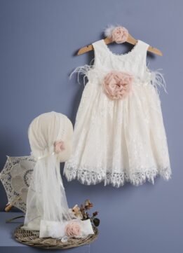 F2065.872569 Αμάνικο δαντελένιο φόρεμα Βάπτισης με μπαντάνα ή κορδέλα