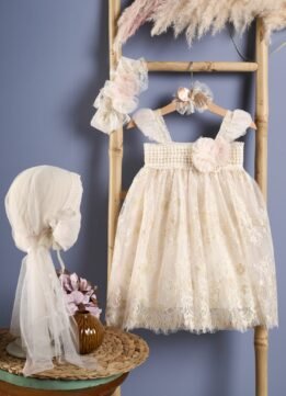 F2067.847596 Φόρεμα Γαλλικη δανδέλα χρυσό με μπαντάνα ή κορδέλα