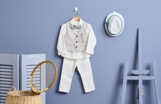 FA63.892389 Ντύσιμο με λινό γιλέκο μπεζ-γκρι και παντελόνι