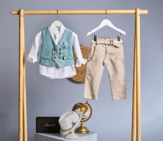 FA77.852419 Ντύσιμο με γιλέκο πετρόλ & καφέ ανοιχτό παντελόνι