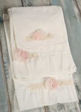 FK2045.245896 Σετ Λαδόπανα Εκρου με λουλούδια βανίλια-σομόν