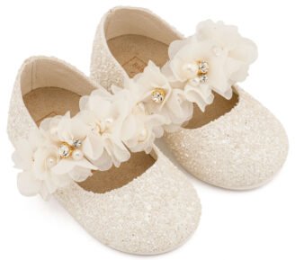 Γοβάκι Μονή Μπαρέτα Στρας με Λουλούδια Πέρλες και Κρύσταλα Swarovski  LU6118 Εκρού