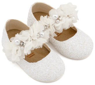 Γοβάκι Μονή Μπαρέτα Στρας με Λουλούδια Πέρλες και Κρύσταλα Swarovski  LU6118 Λευκό